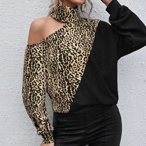 Beautiful woman high neck cutout leopard top